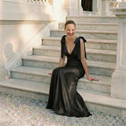 The Rosalie Deep V Gown With Shoulder Bows