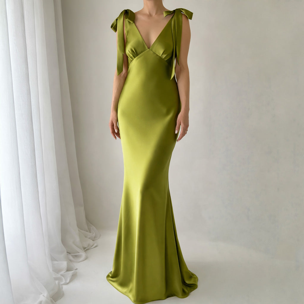 The Rosalie Deep V Gown With Shoulder Bows