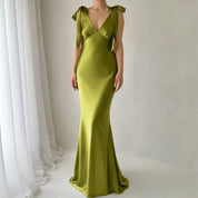 The Rosalie Deep V Gown With Shoulder Bows