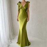 The Rosalie Deep V Gown With Shoulder Bows