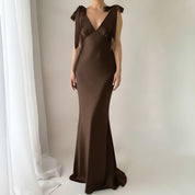 The Rosalie Deep V Gown With Shoulder Bows