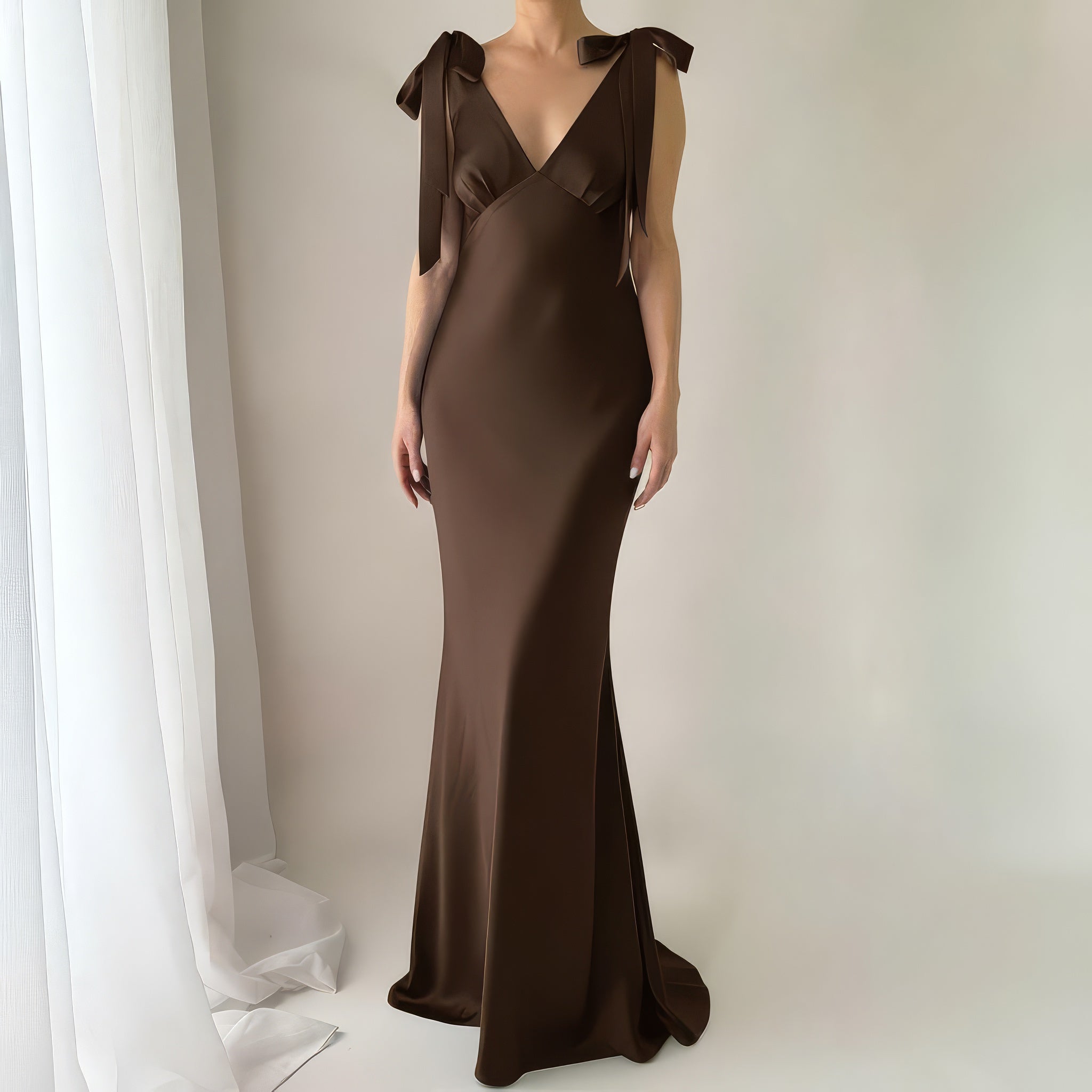 The Rosalie Deep V Gown With Shoulder Bows