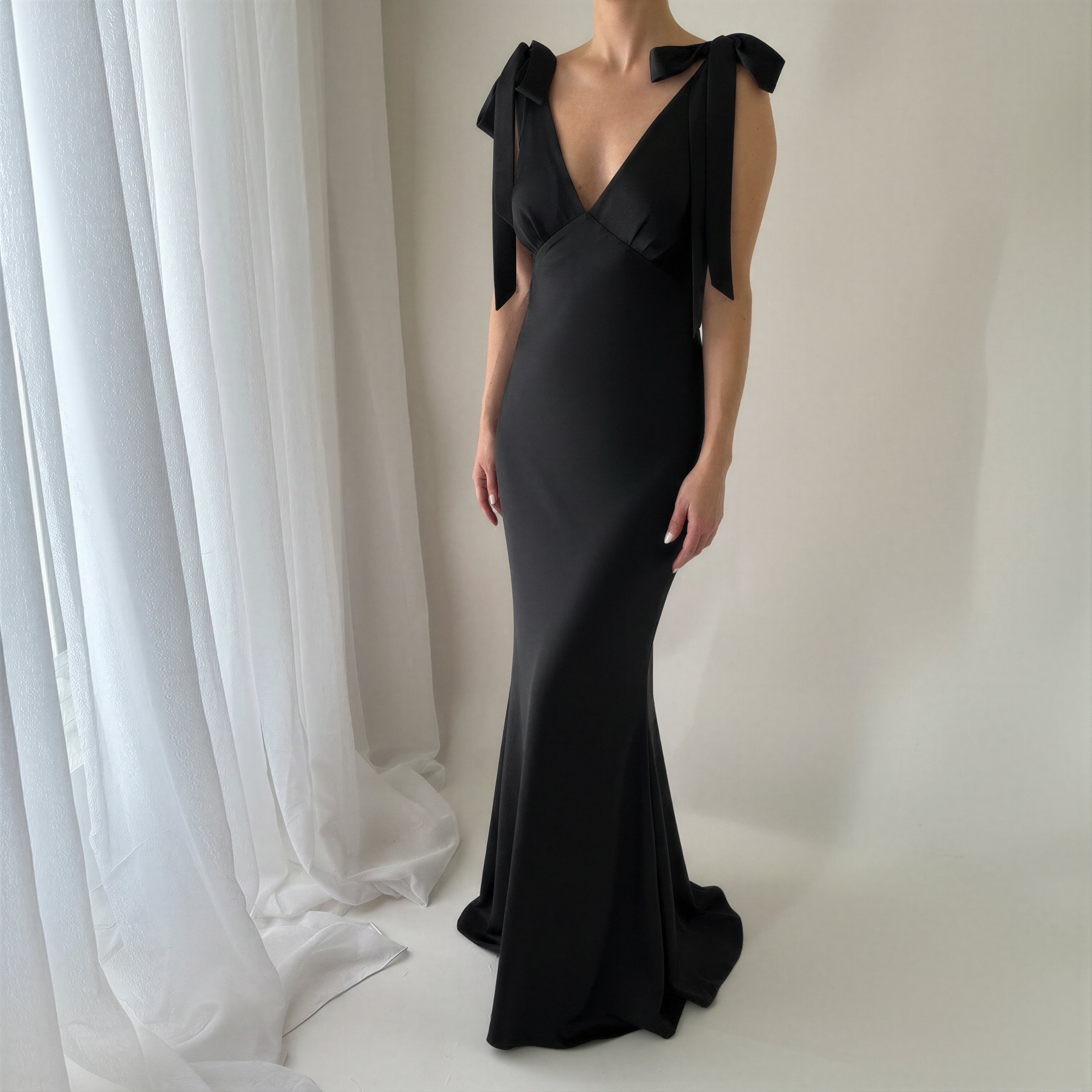 The Rosalie Deep V Gown With Shoulder Bows