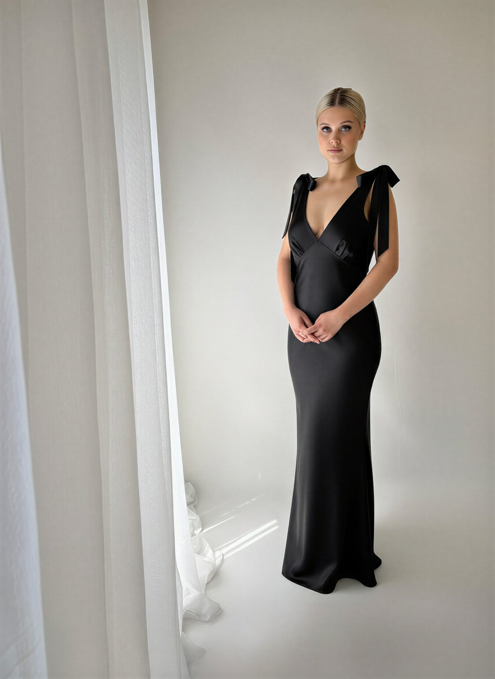 The Rosalie Deep V Gown With Shoulder Bows